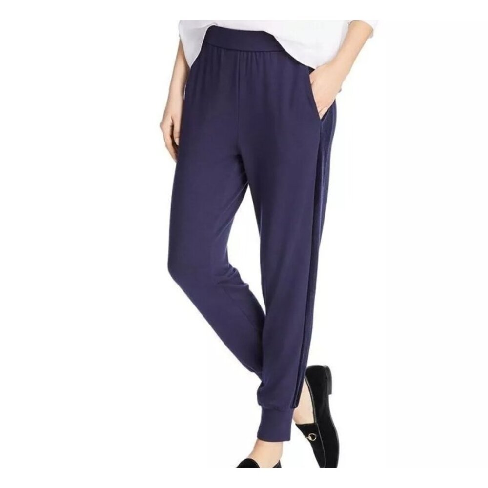 Eileen Fisher Velvet Stripe Jogger Pants Women's Stretch Pull On Navy Size PP/PT